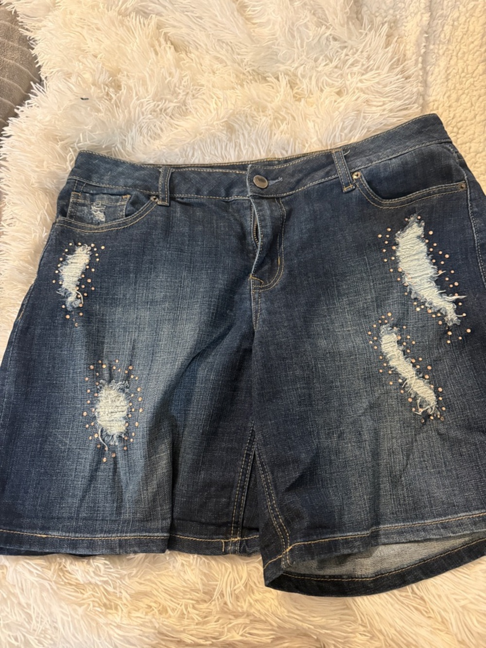 Lane Bryant Dark Blue Distressed Denim Shorts with Stud Accents